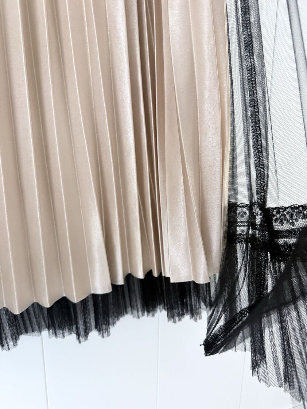 Pleated Mesh Lace Midi Maxi Skirt Black Champagne Calligraphie M Boho Romantic - Picture 11 of 16